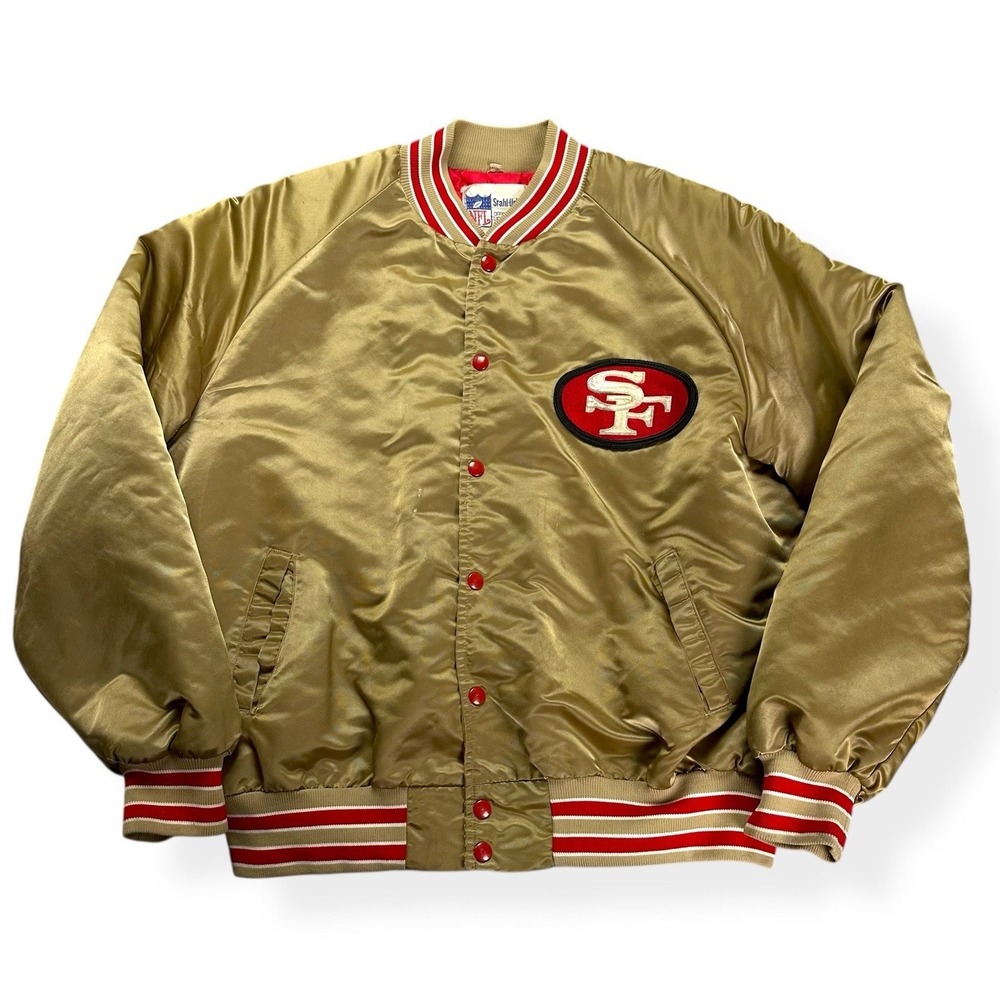 VTG 90s NFL SAN FRANCISCO 49ERS STAHL URBAN SATIN BOMBER JACKET MADE IN USA XL *